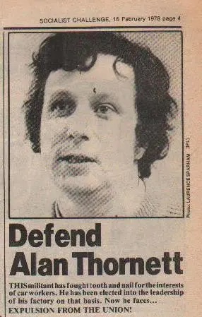 Artigo contra a tentativa de expulsão de Alan Thornett do sindicato em 1978