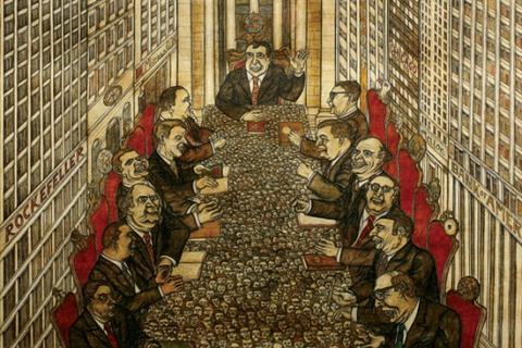 Ilustração mostra burgueses, provavelmente financistas, em volta de uma mesa, manipulando dinheiro