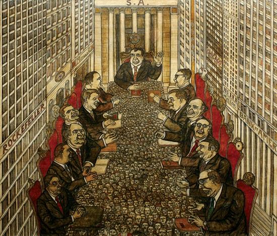 Ilustração mostra burgueses, provavelmente financistas, em volta de uma mesa, manipulando dinheiro